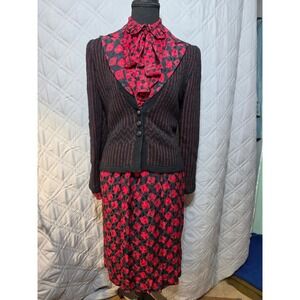 Adolfo at Saks Fifth Avenue 3 Piece Silk Skirt Set Cardigan Red Black Vintage